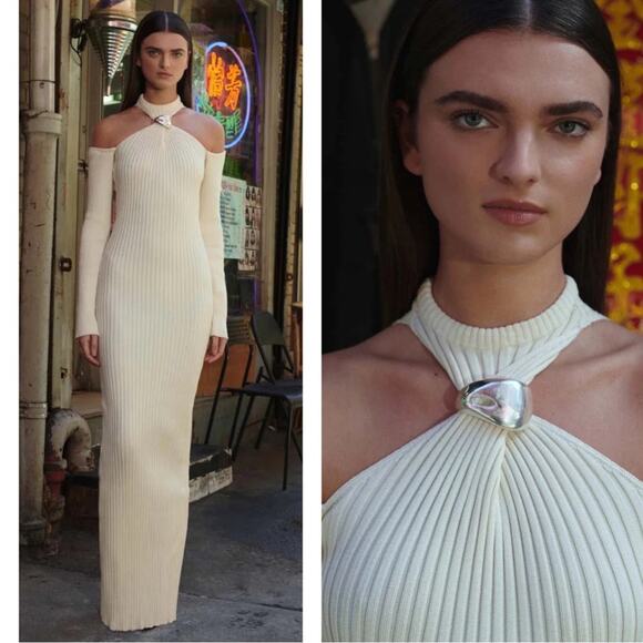 BAOBAB Yumiko Silver Embellished Long Sleeve Cutout Coconut Knit Maxi Dress Sz M - Picture 3 of 10